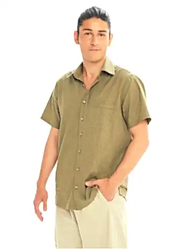 Rahat Kesim Düğmeli Kısa Kollu Haki Cizgi Erkek Gömlek 3583