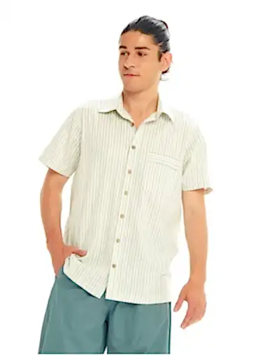 Rahat Kesim Düğmeli Kısa Kollu Krem Cizgi Erkek Gömlek 3584