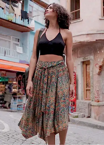 Beli Bağlamalı Salaş Midi Petrol Desenli Kloş Etek 4858