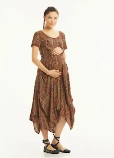 Bordo Desenli Cepli Yarım Kollu Uzun Hamile Elbise 4953